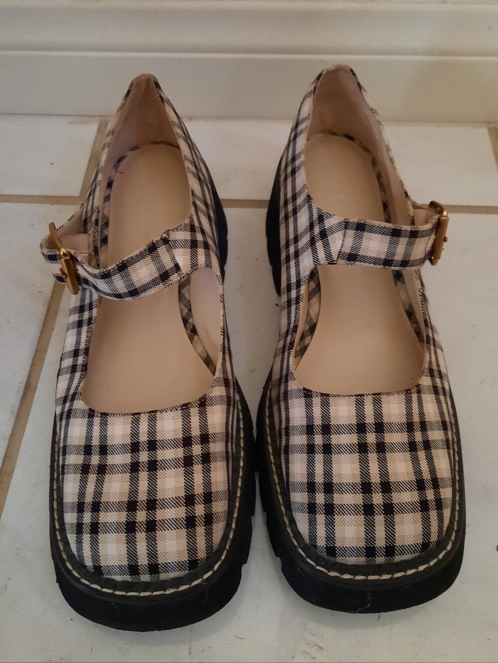 Plaid Mary Jane Platform Shoes - Black & Cream - Picture 3 of 6
